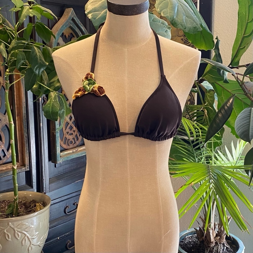 Lucky Brand Chocolate floral crochet bikini top